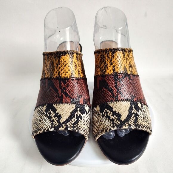 Gibson Latimer Snakeskin Goat Leather Size 9 Open Toe Block Heels Brown Yellow - Picture 4 of 12
